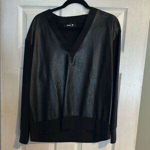 Black Faux Leather V-Neck Sweater